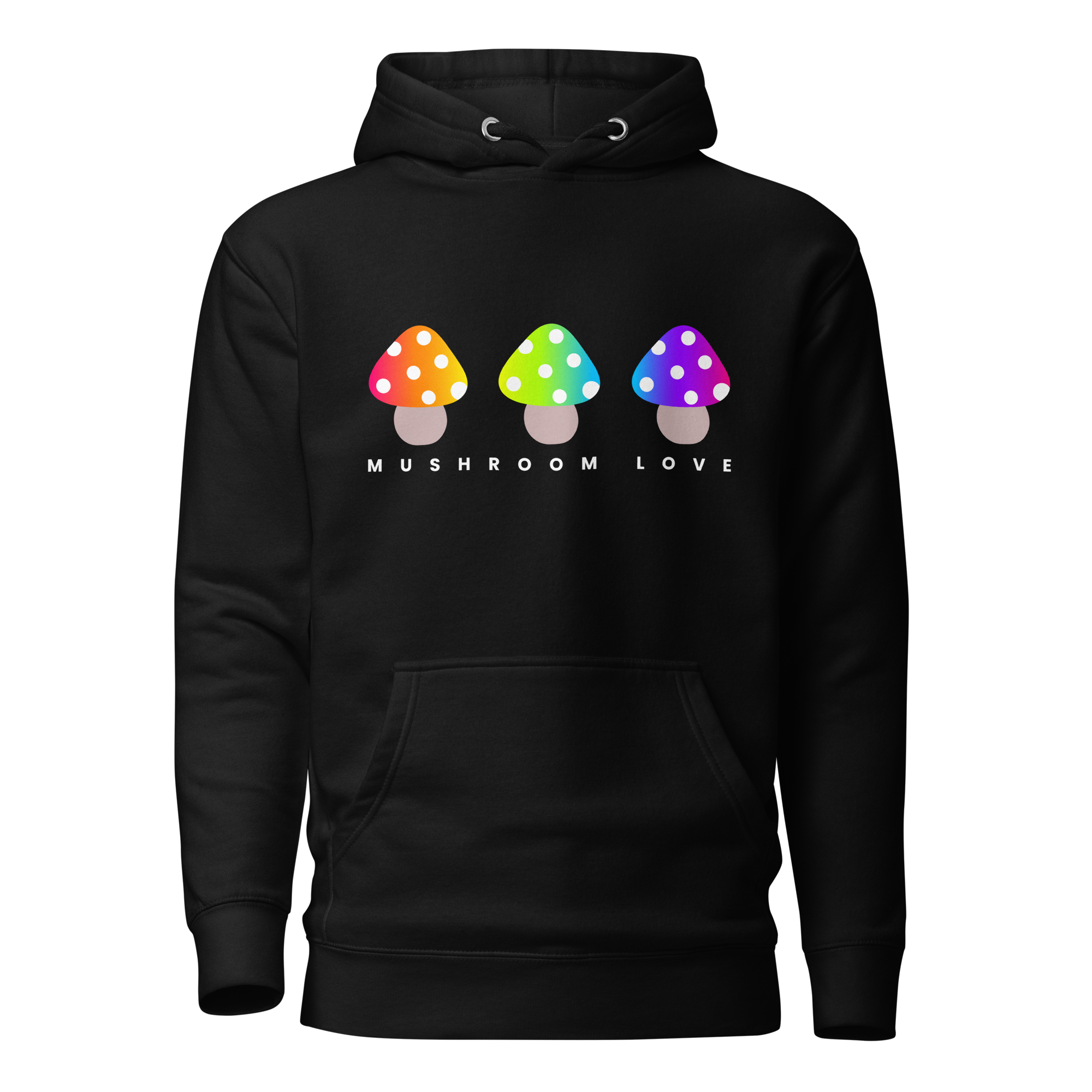 Black Mushroom Love Rainbow Graphic Hoodie Front View