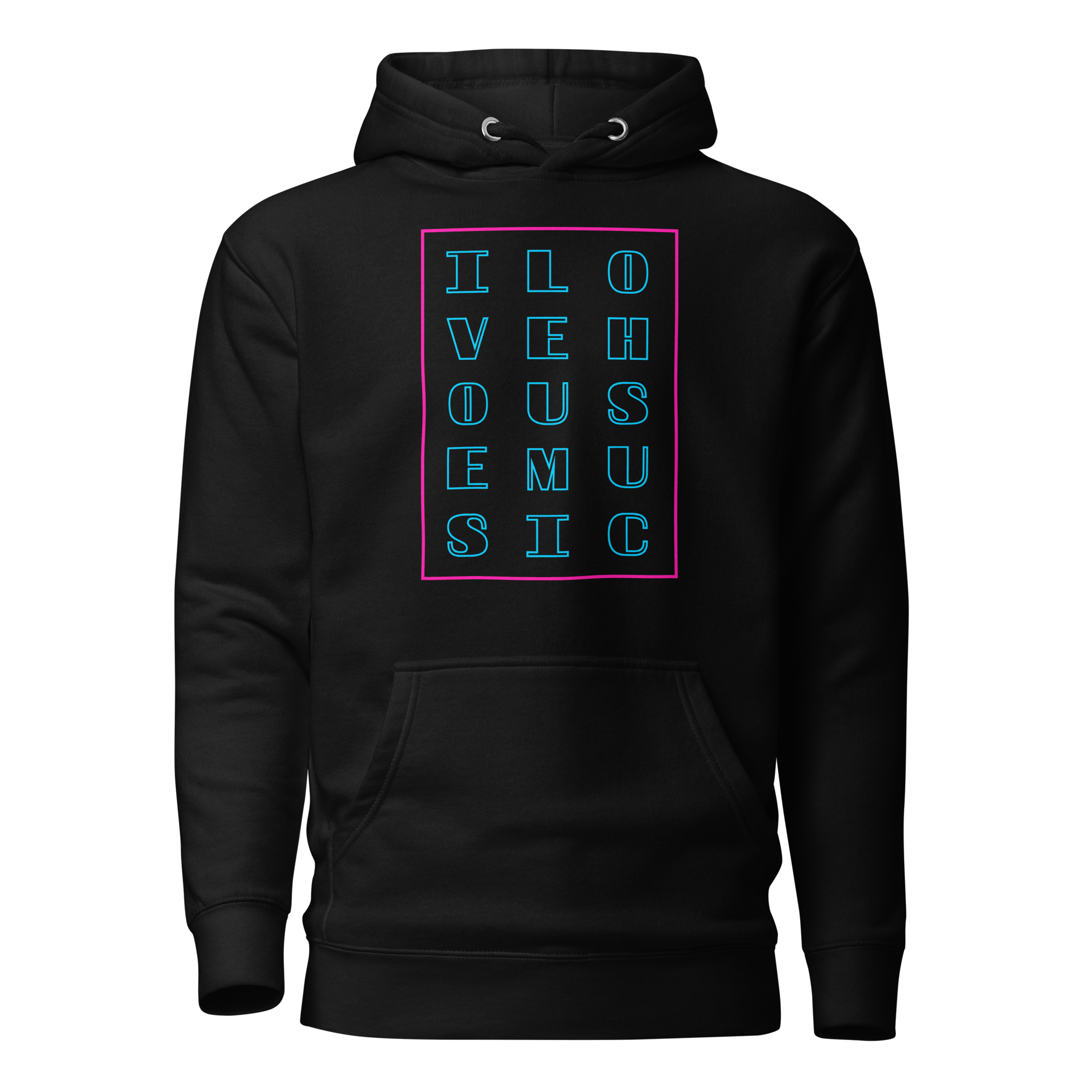 Black I Love House Music Graphic Hoodie Front View