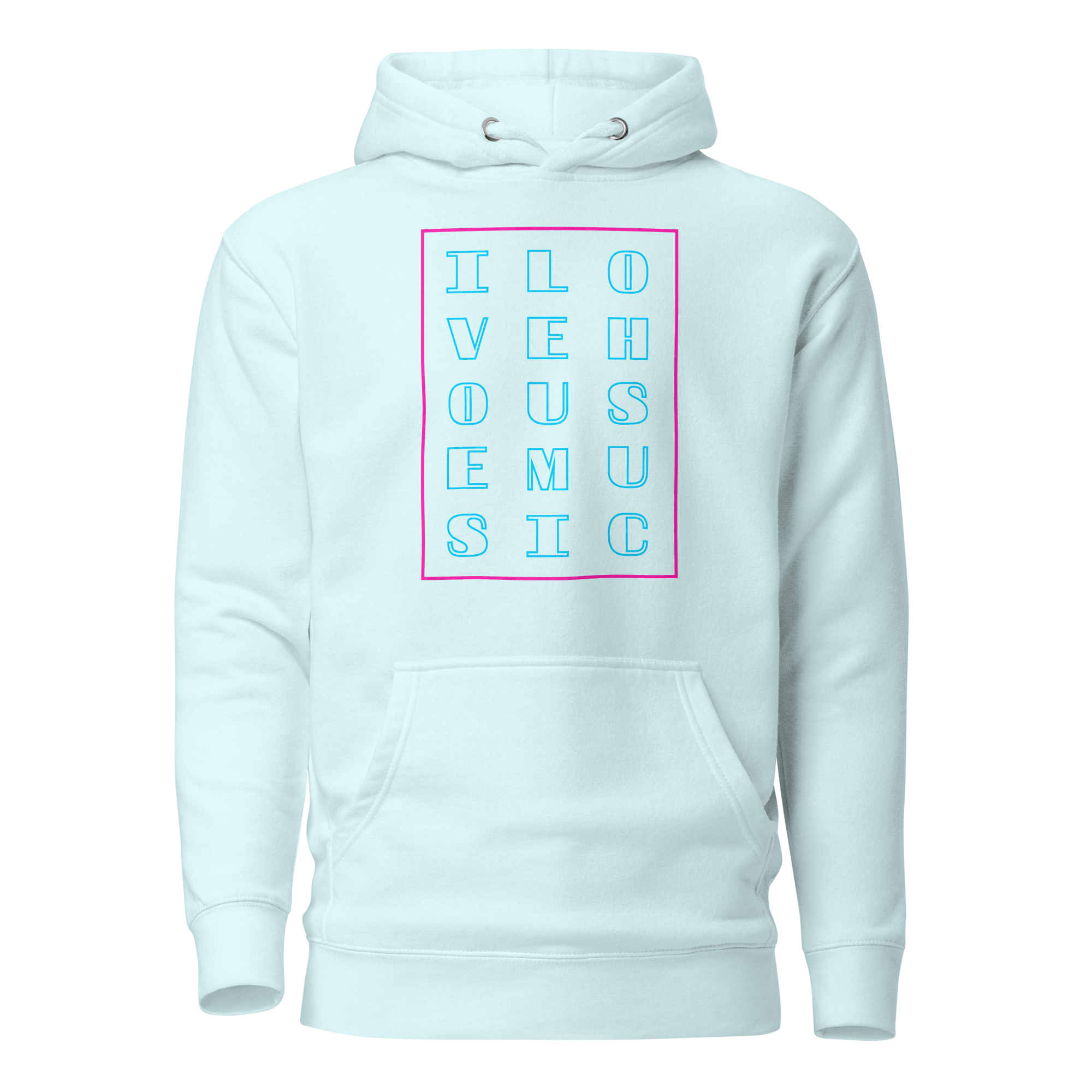 Powder Blue I Love House Music Graphic Hoodie Front View