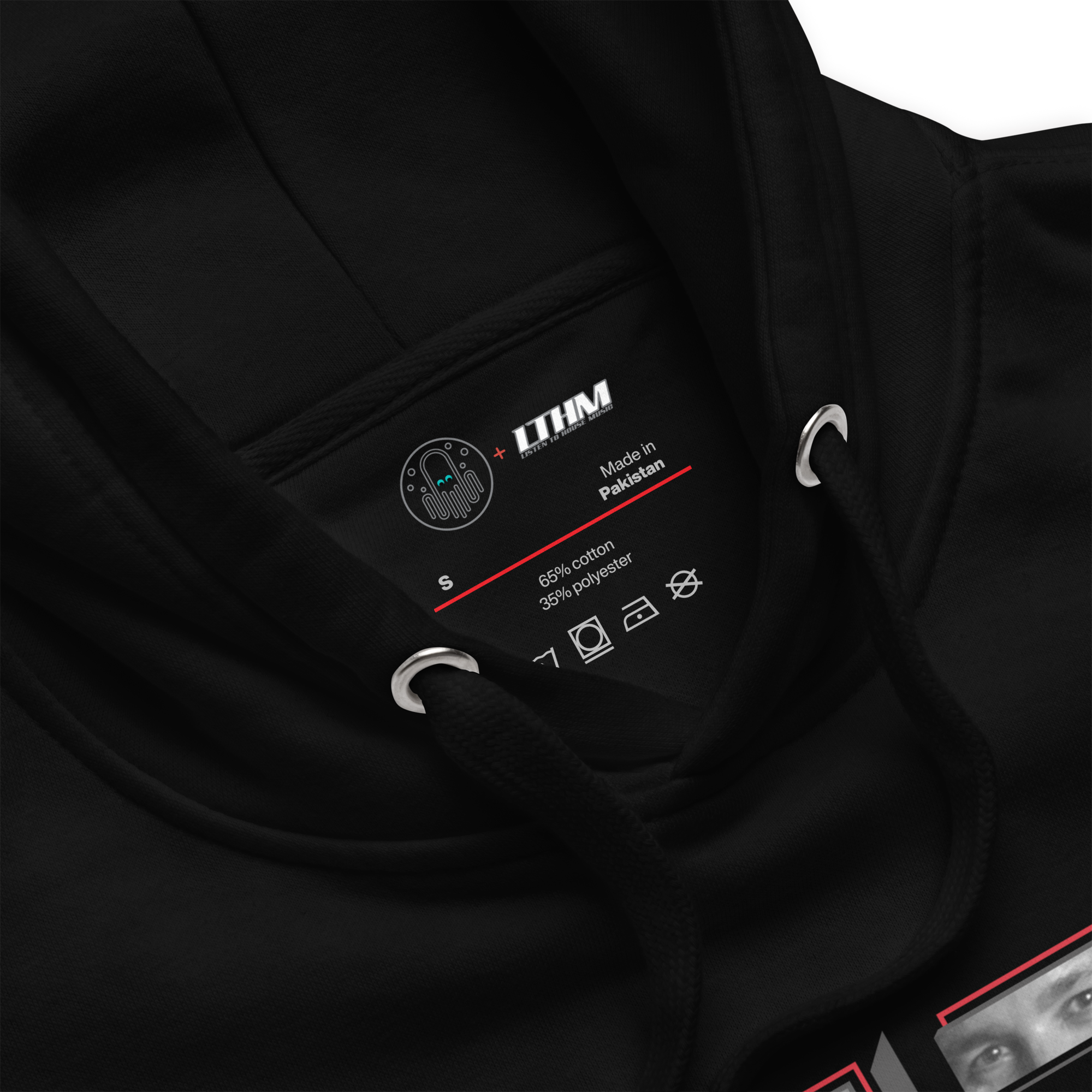 Black LTHM Essentials 4 Graphic Hoodie Zoomed View of Hood and Inside Label