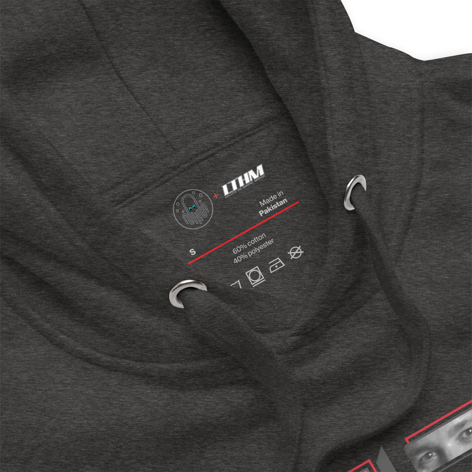 Charcoal Heather LTHM Essentials 4 Graphic Hoodie Zoomed View of Hood and Inside Label