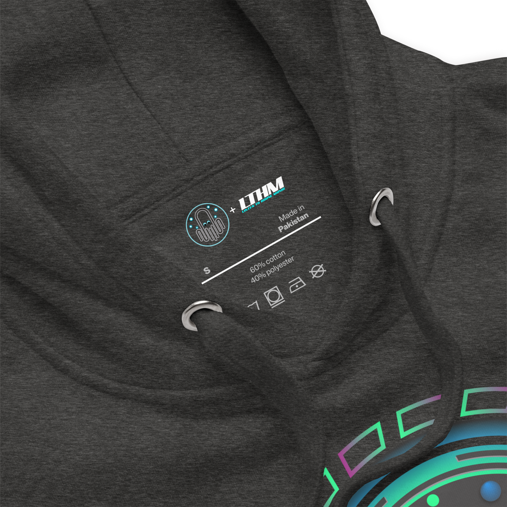 Charcoal Heather Maybe From Mars Part 2 Graphic Hoodie Zoomed View of Hood and Inside Label