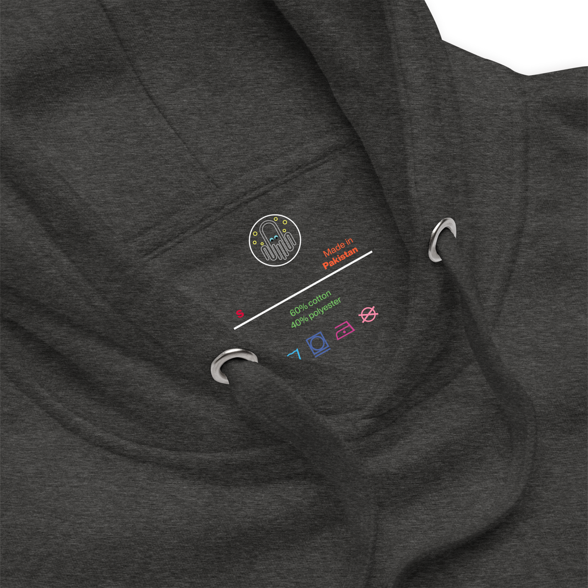 Charcoal Heather Mushroom Love Rainbow Graphic Hoodie Zoomed View of Hood and Inside Label