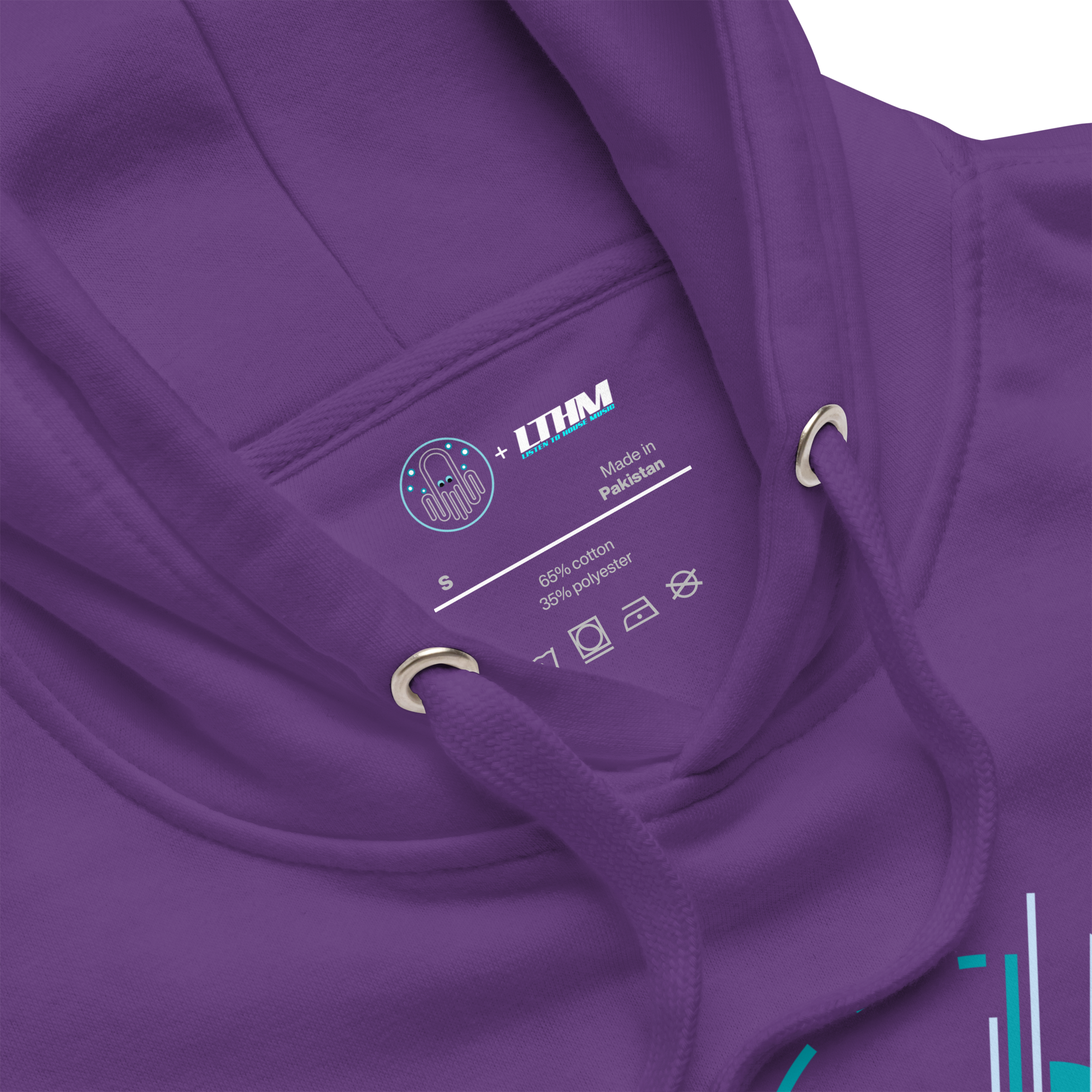Purple Rheah & Lofny Graphic Hoodie Zoomed View of Hood and Inside Label