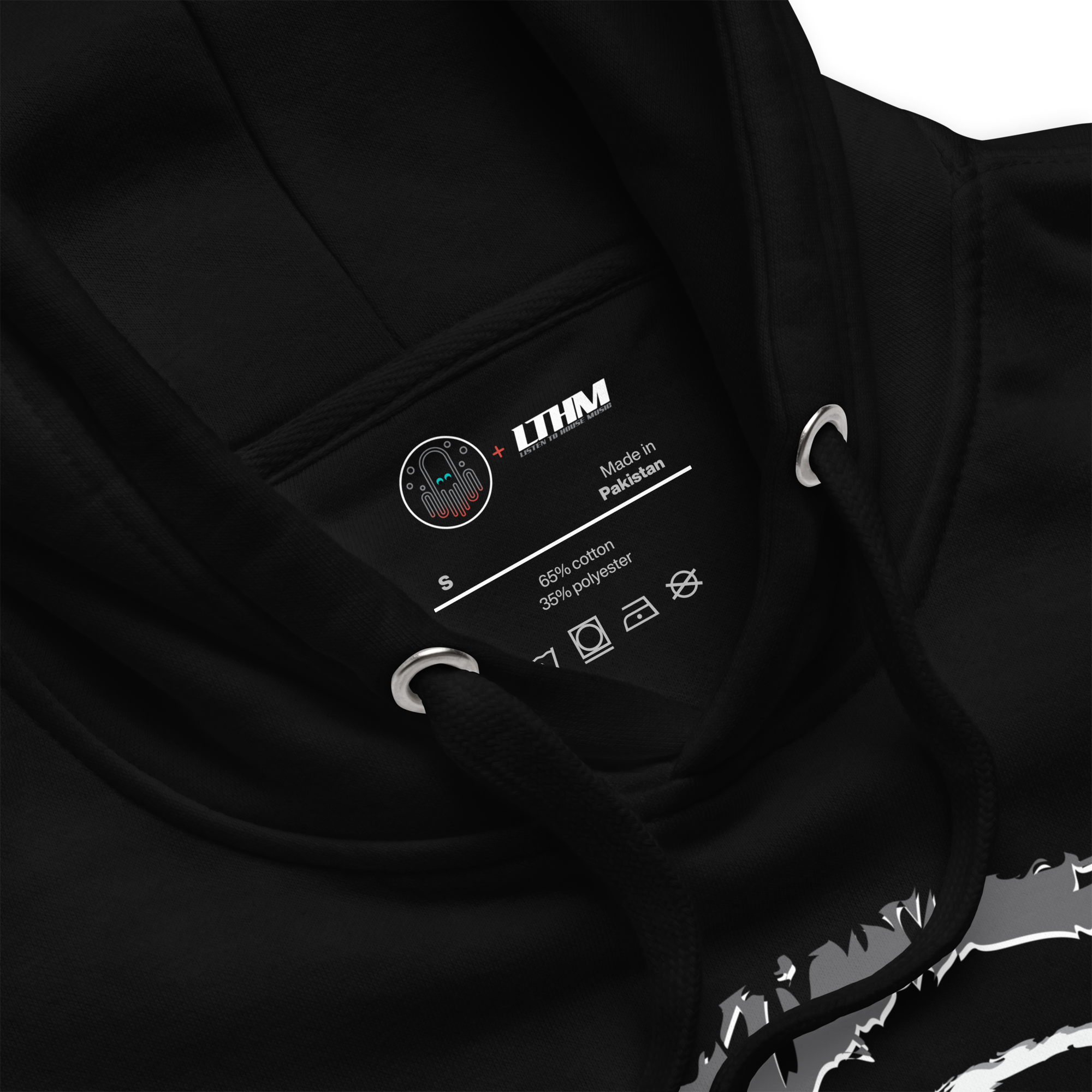 Black Secret Ritual Graphic Hoodie Zoom View of Hood and Inside Label