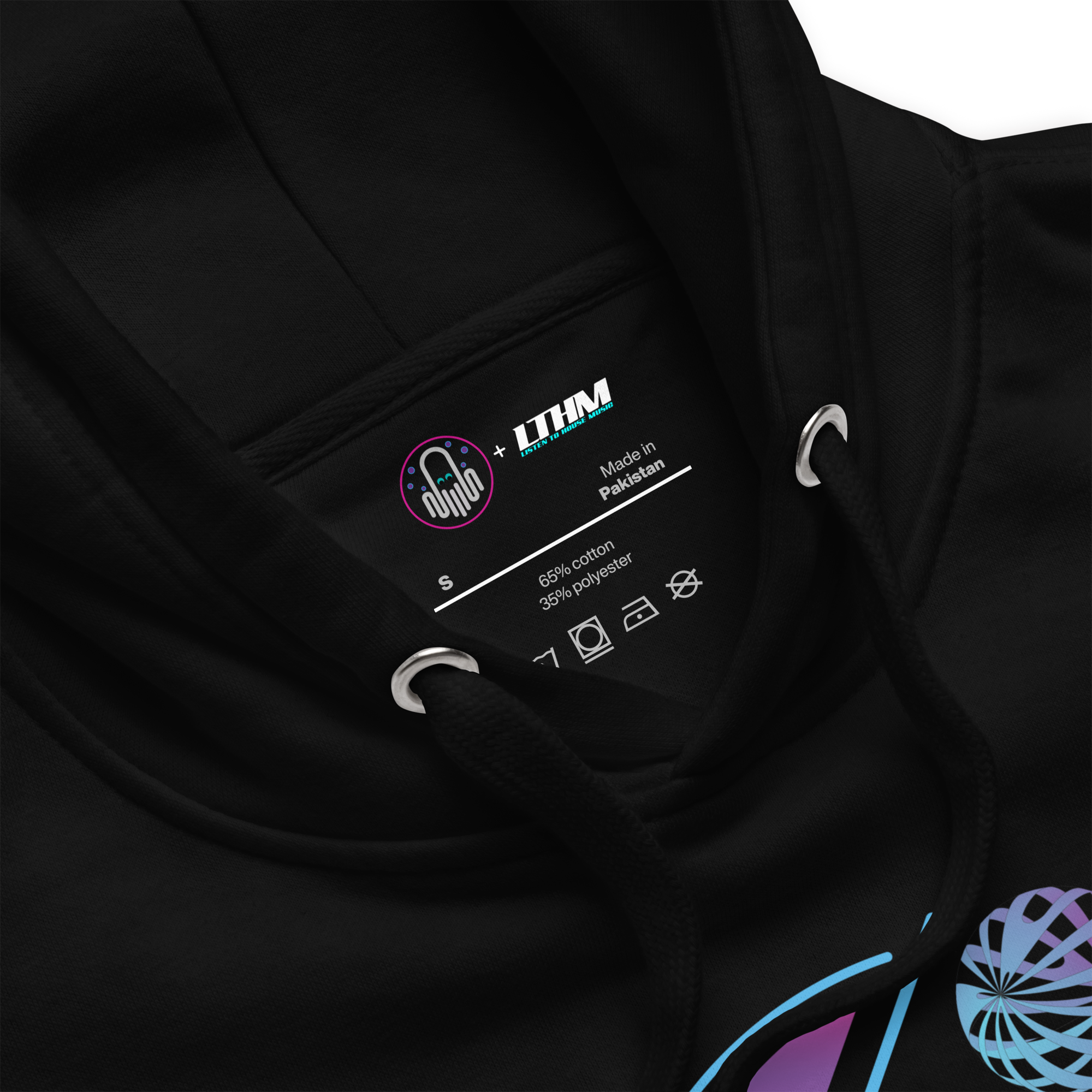 Black Space Paradox Graphic Hoodie Zoomed View of Hood and Inside Label