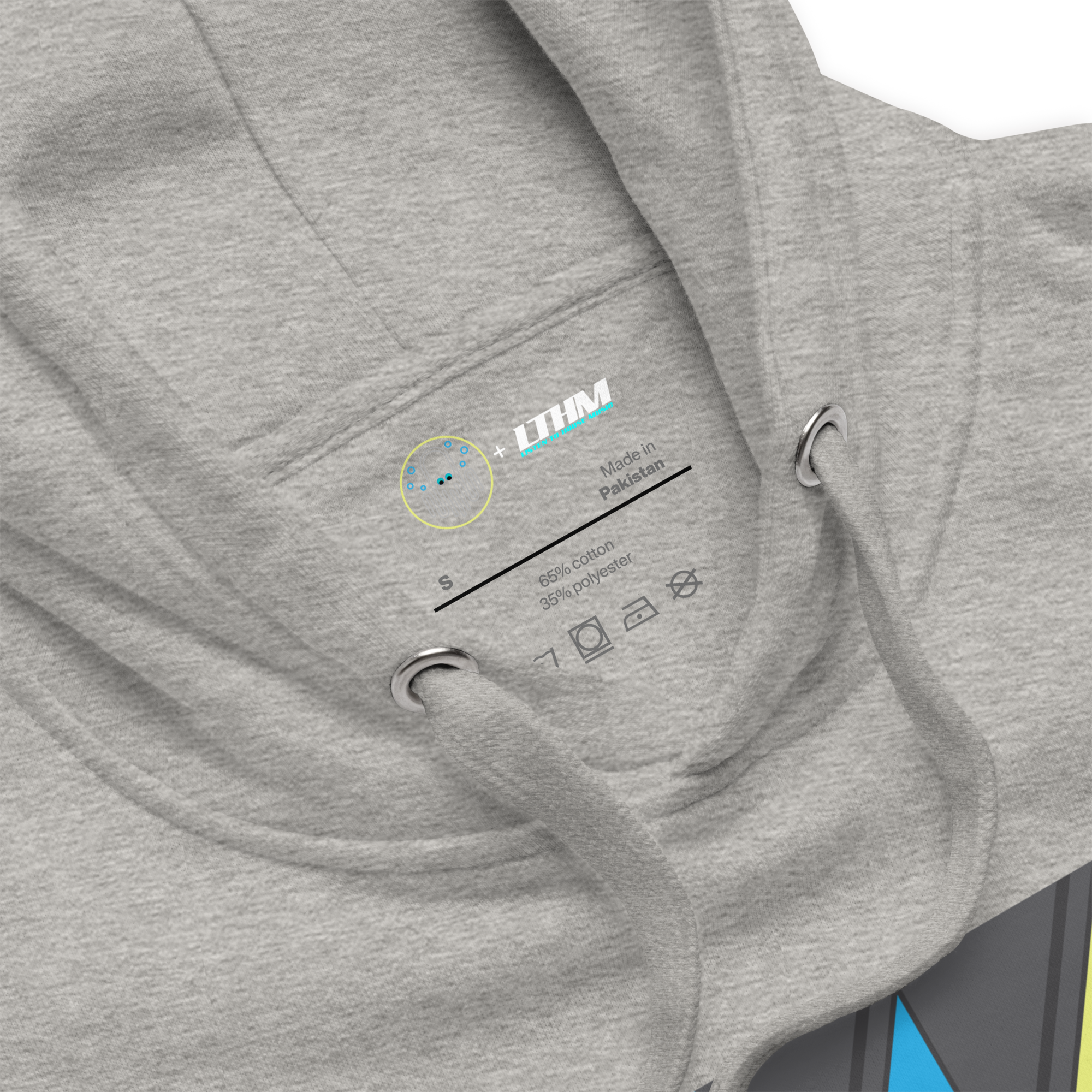 Carbon Grey Think Positive Graphic Hoodie Zoom View of Hood and Inside Label