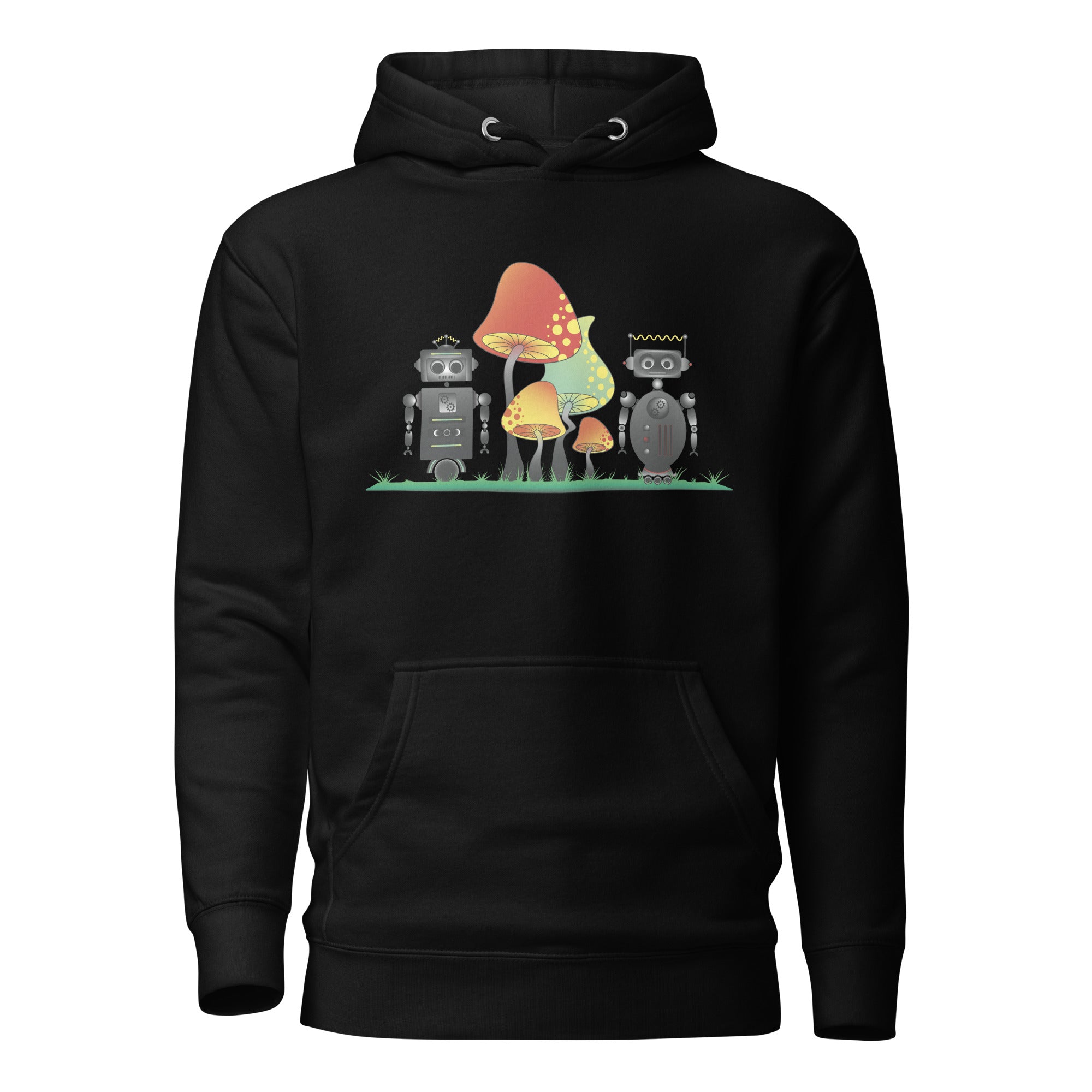 Black Tiny Robots Graphic Hoodie Front View