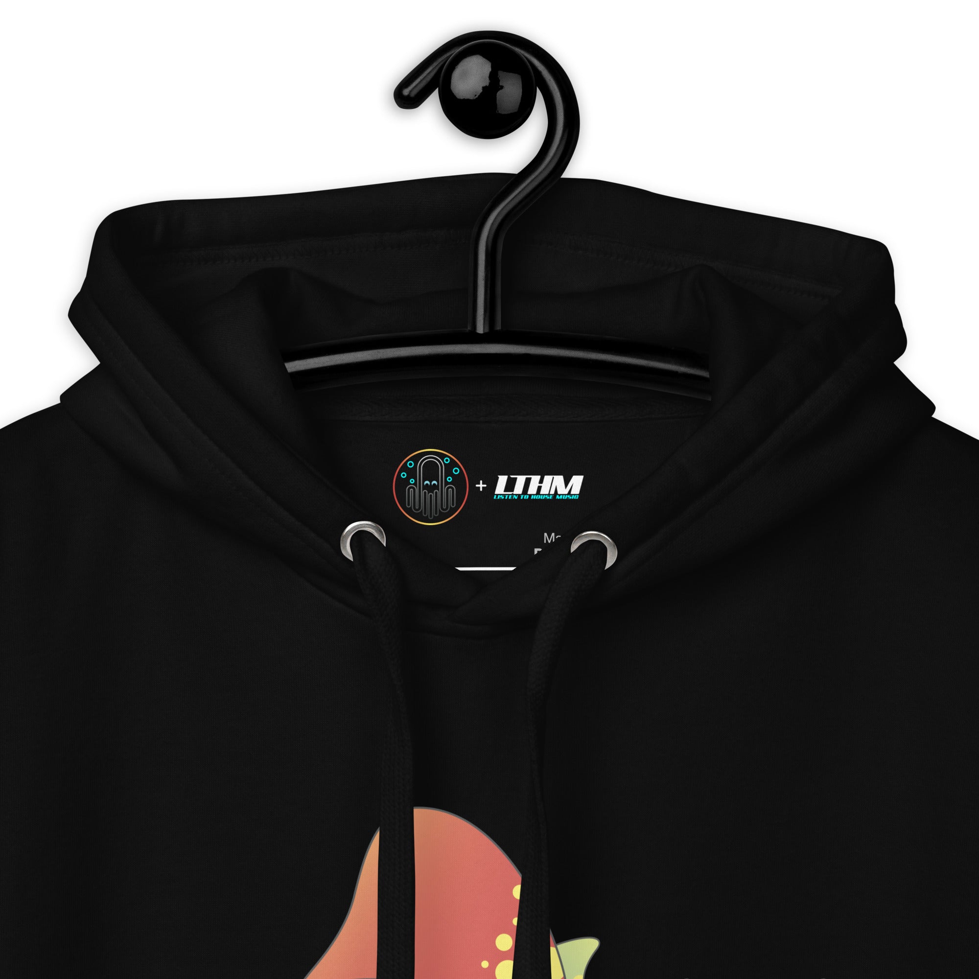 Black Tiny Robots Graphic Hoodie On a Hanger View