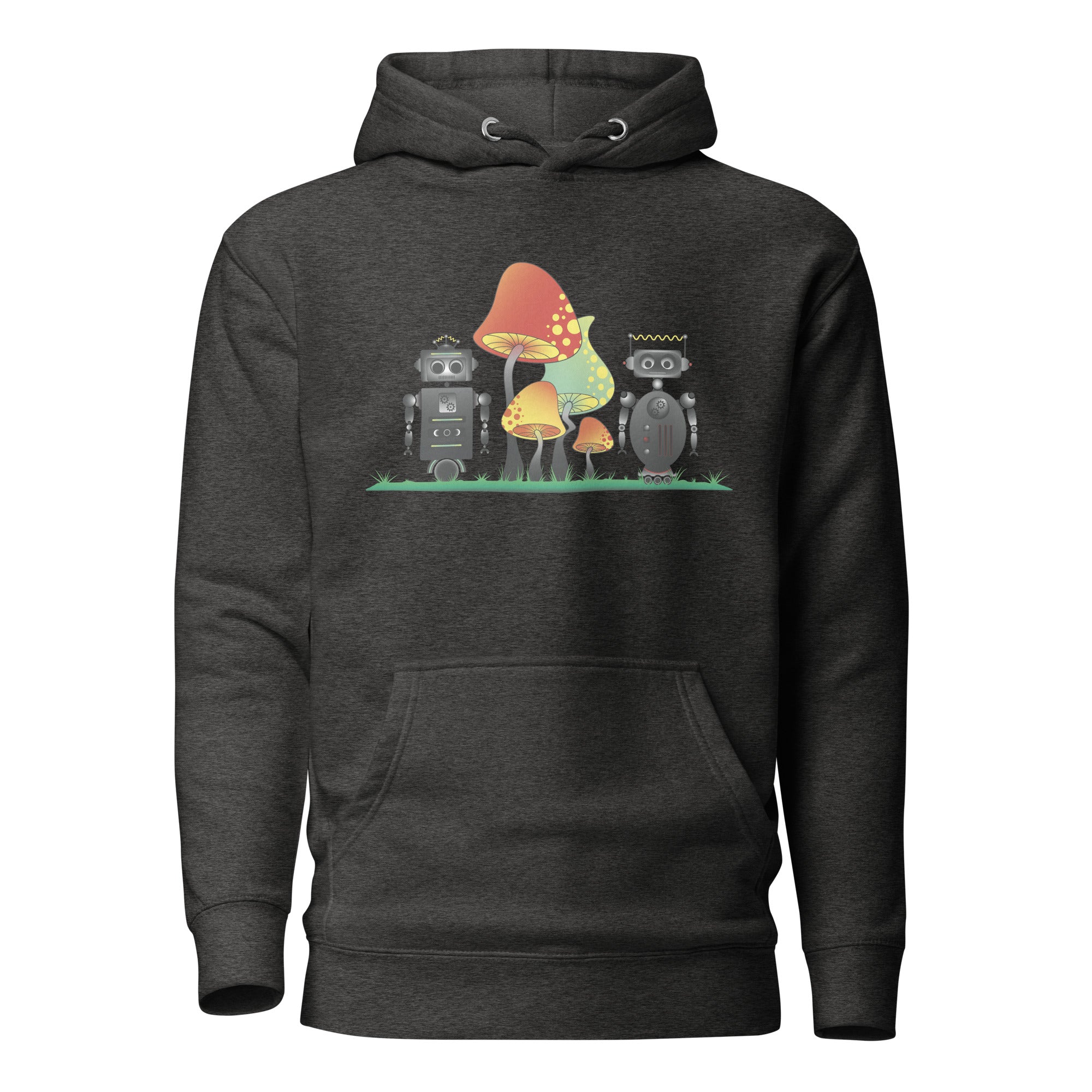 Charcoal Heather Tiny Robots Graphic Hoodie Front View