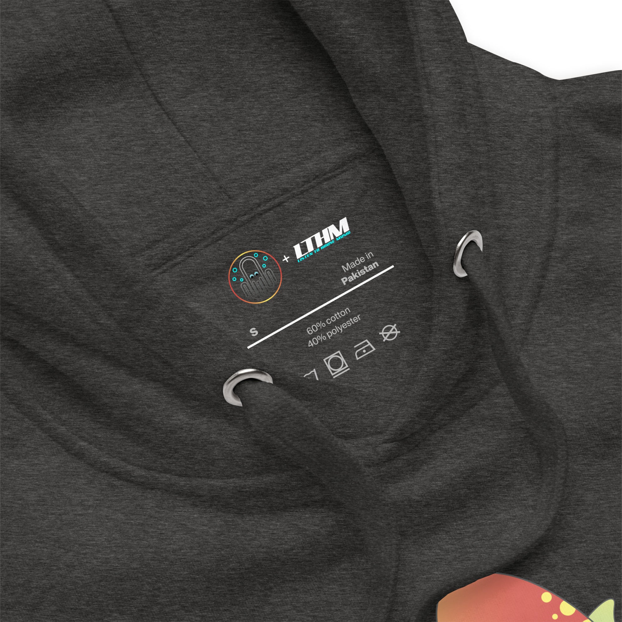 Charcoal Heather Tiny Robots Graphic Hoodie Zoomed View of Hood and Inside Label